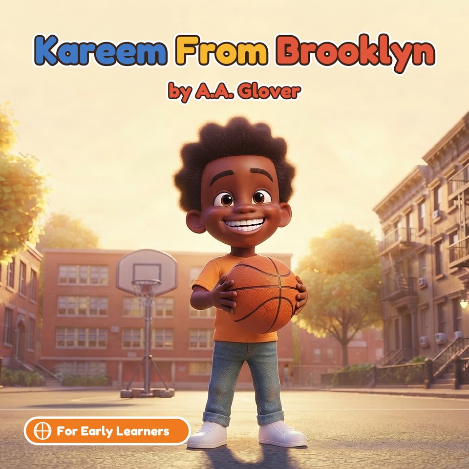 The cover of Kareem From Brooklyn: Kareem, a smiling boy with bushy hair in an orange T-shirt and blue jeans, holds a basketball on a Brooklyn basketball court at sunset. For Early Learners.