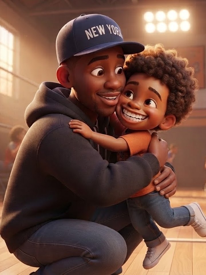 Farell, Kareem’s father, in a navy cap and black hoodie, hugging a laughing Kareem on an indoor basketball court.