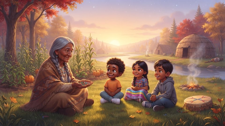 In a riverside village at sunset, a smiling Native American grandmother with long gray braids shows colorful beads to Kareem and two Native American children, beside a garden of corn and pumpkins, a hand drum, and dome-shaped bark houses.