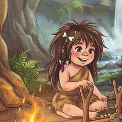 Gina, a smiling cave girl, counting beads by the fire with Mr. Turtle.