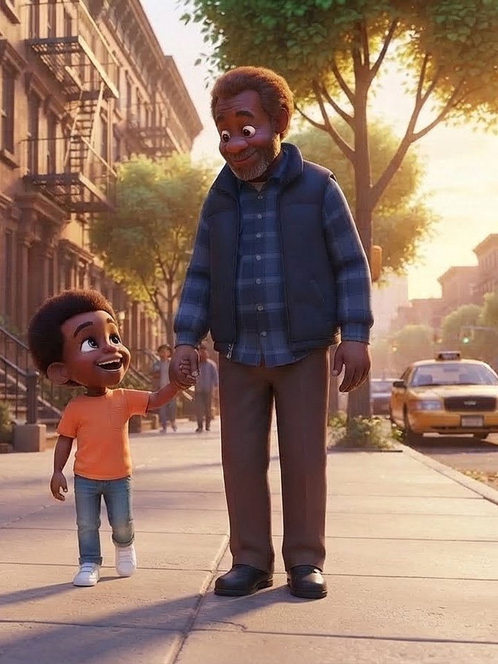 Grandpa George, a tall man with a beard in a blue plaid shirt and navy vest, holding Kareem’s hand.