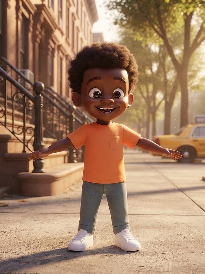 Kareem smiling with his arms open wide on a Brooklyn sidewalk, in his orange T-shirt and white sneakers.
