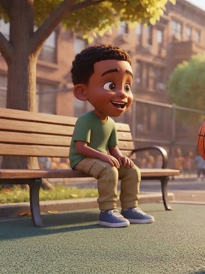 Malik, a smiling boy in a green T-shirt and tan pants, sitting on a park bench.