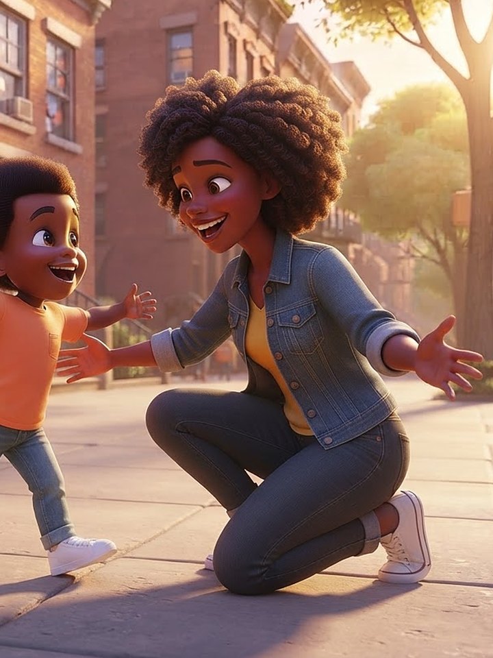 Kareem’s mommy, with big curly hair and a denim jacket, kneeling with her arms open to hug Kareem.