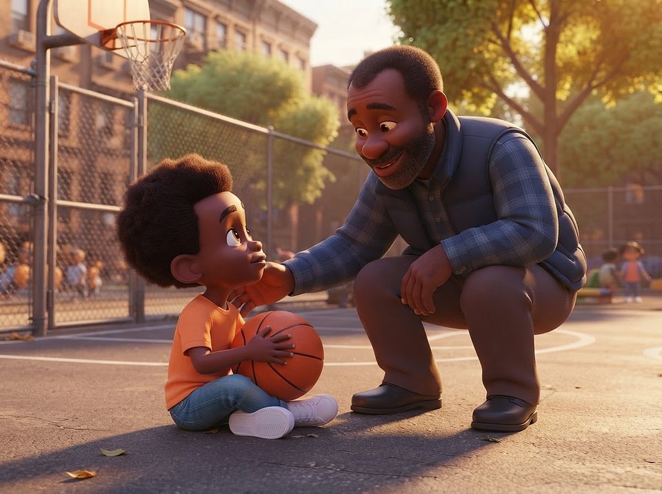Grandpa George kneeling on the basketball court, talking gently with Kareem, who holds a basketball.