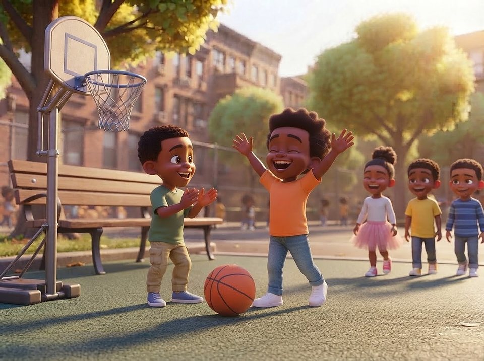 Kareem cheering with his arms up on the playground while Malik claps and three more kids walk over to play.